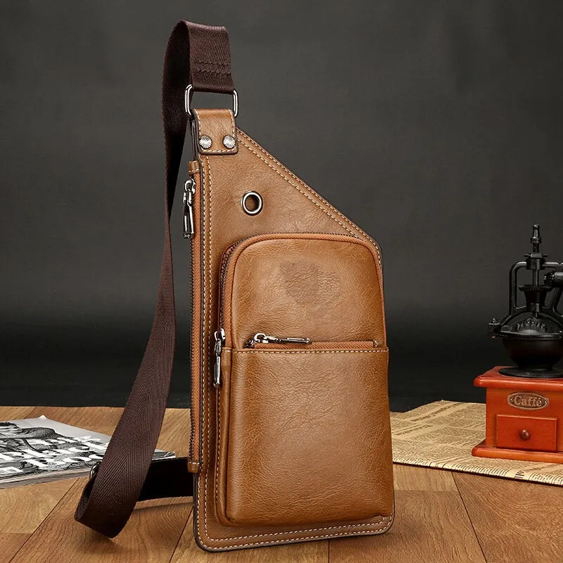 Men Retro PU Leather Headphone Hole Design Chest Bag Multi-pocket Waterproof Zipper Crossbody Shoulder