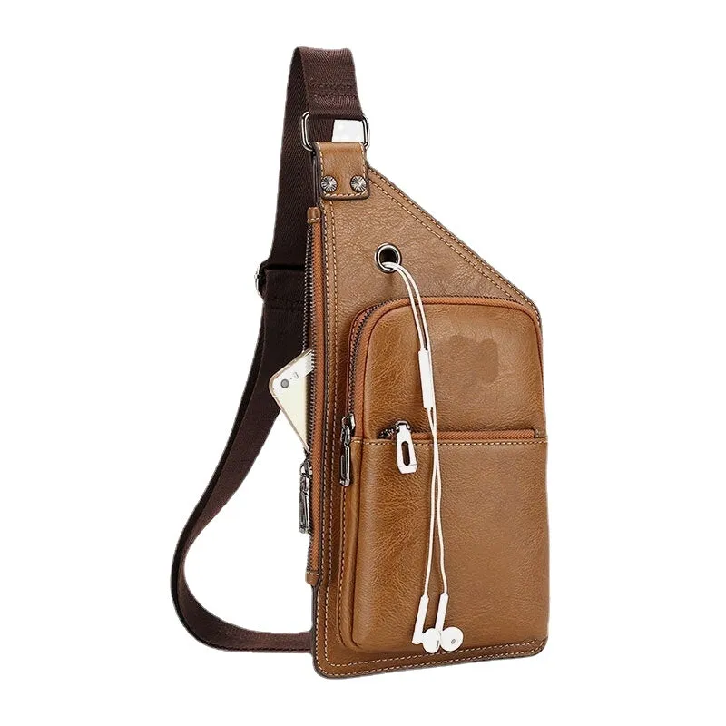 Men Retro PU Leather Headphone Hole Design Chest Bag Multi-pocket Waterproof Zipper Crossbody Shoulder