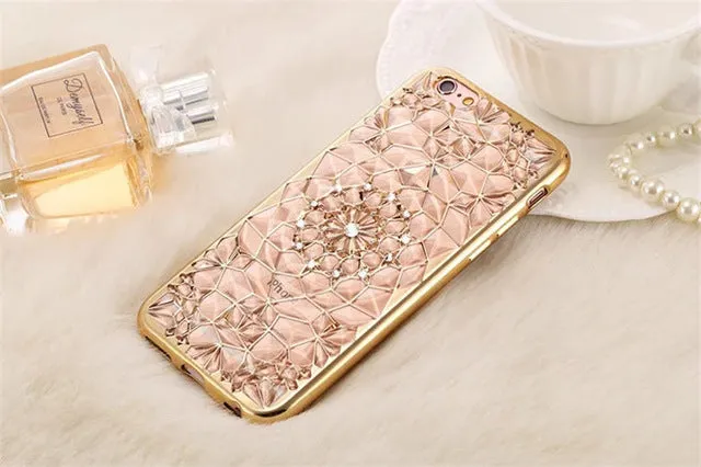 New Luxury 3D Electroplating Flowers Rhinestone Bling Soft TPU Phone Cases Cover For iPhone 7 7Plus 5 5G 5S SE 6 6G 6S 4.7 6Plus