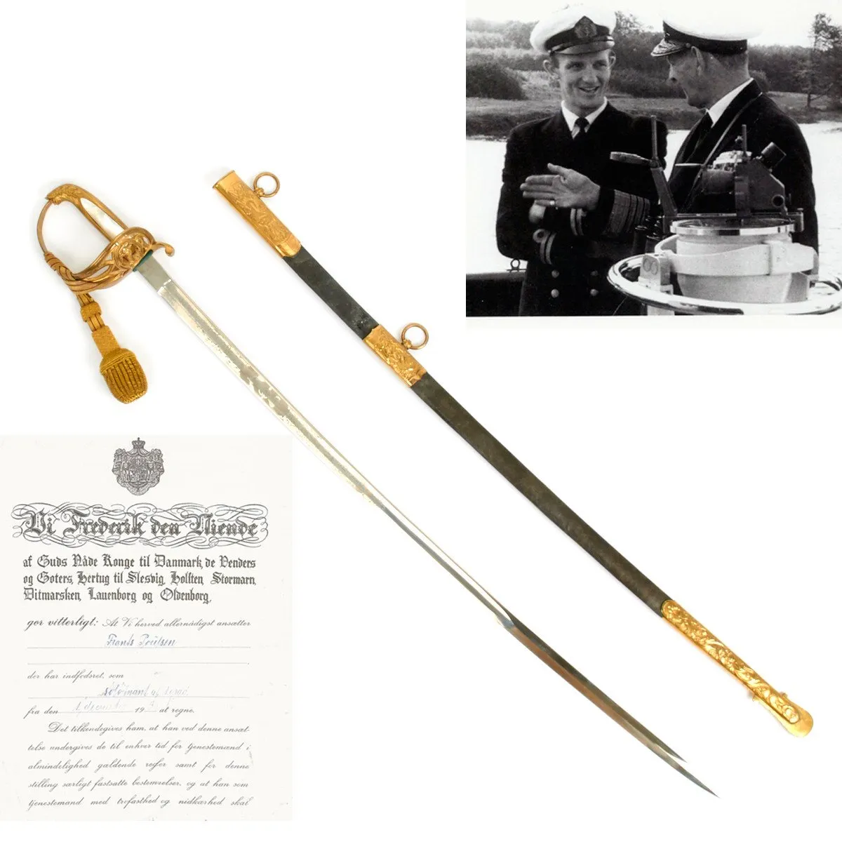 Original Danish Naval Officer Sword with Commission Signed by King Frederick IX