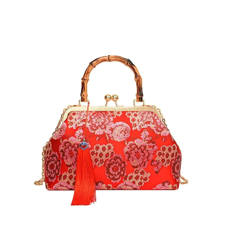 Red Embroidered Floral Print Bamboo Handle Purse