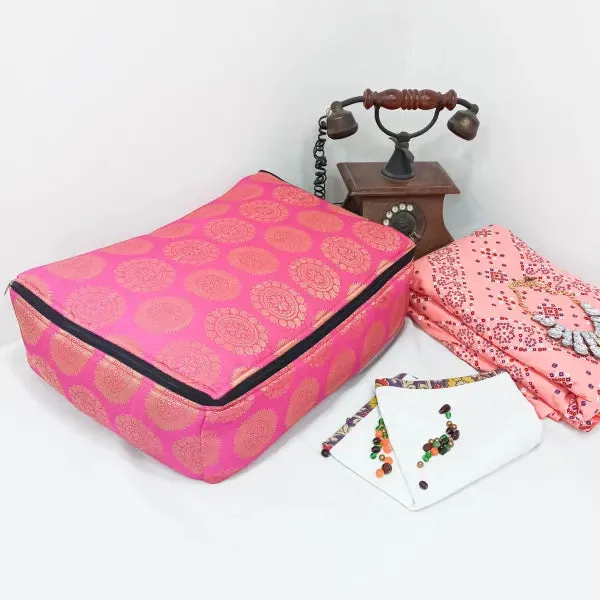 Saree Storage Bags Bright Pink with Golden Colour Circle  Leaf Design.