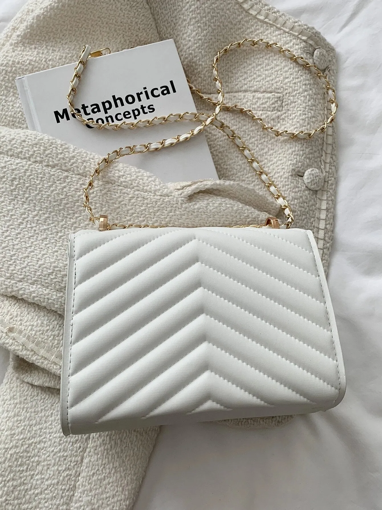 SHEIN Chevron Detail Chain Square Bag, Minimalist Flap Shoulder Bag