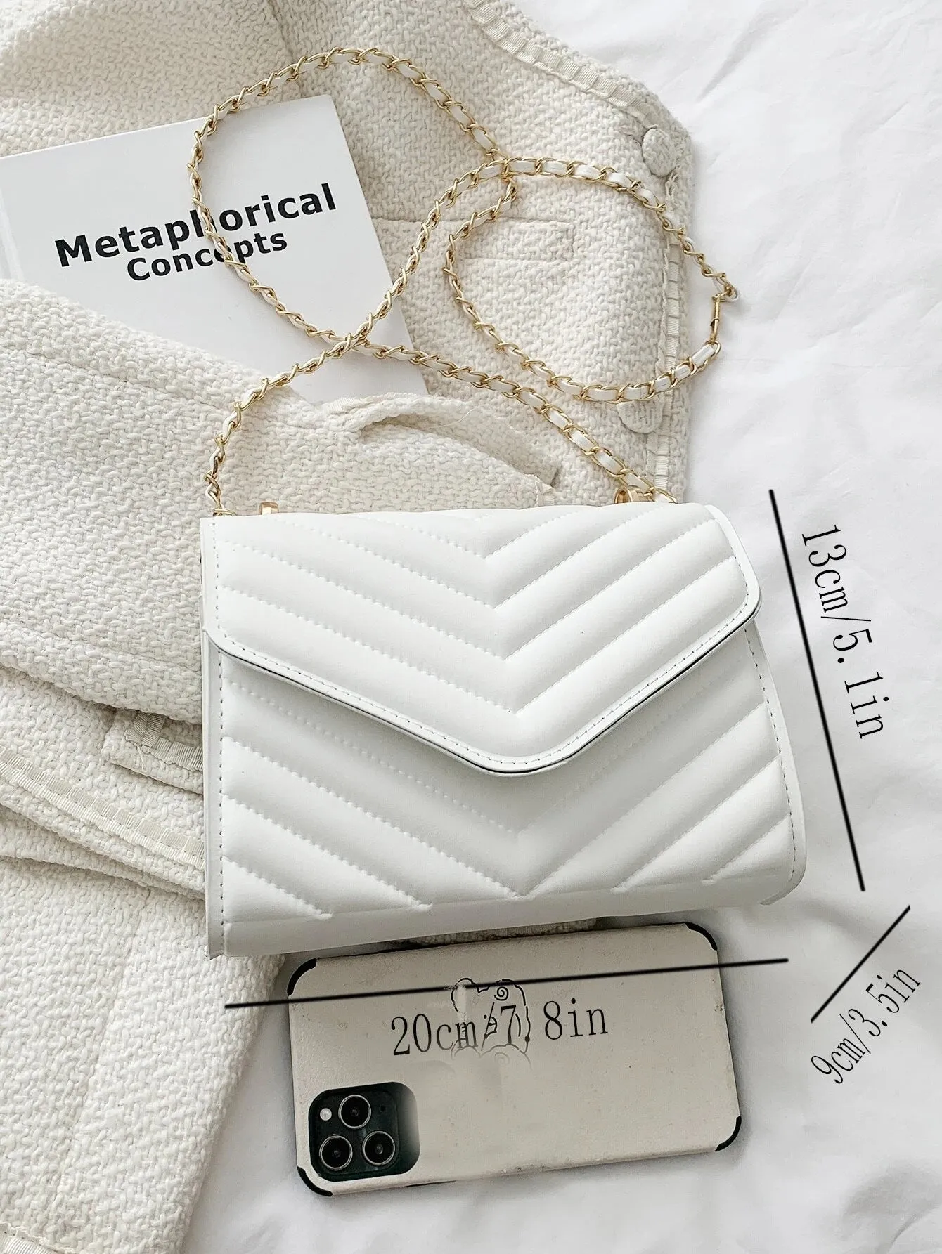 SHEIN Chevron Detail Chain Square Bag, Minimalist Flap Shoulder Bag