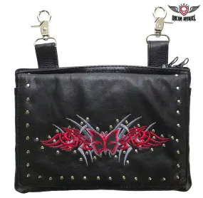 Studded Naked Cowhide Leather Gun Holster Belt Bag with Red & Silver Butterfly