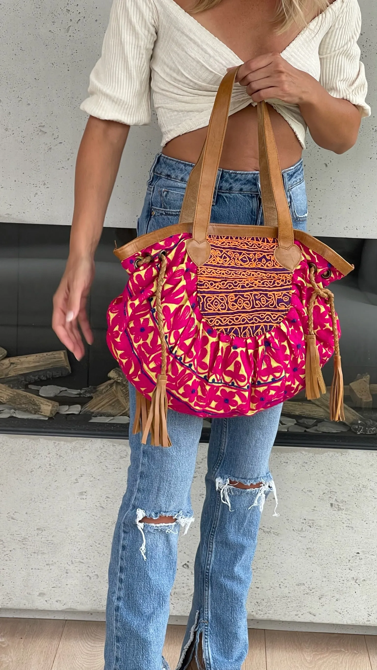 Tan Leather Tassel Pink Banjara Handbag