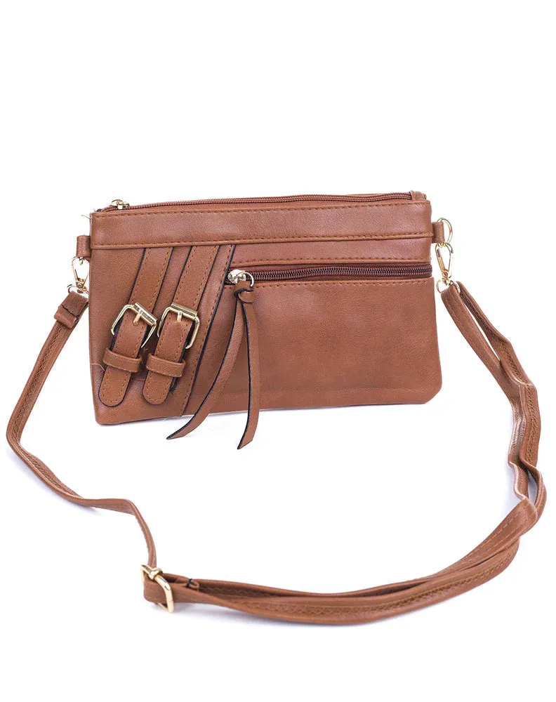 Tan Sling Bag with Shoulder Strap with Zip pocket on the front