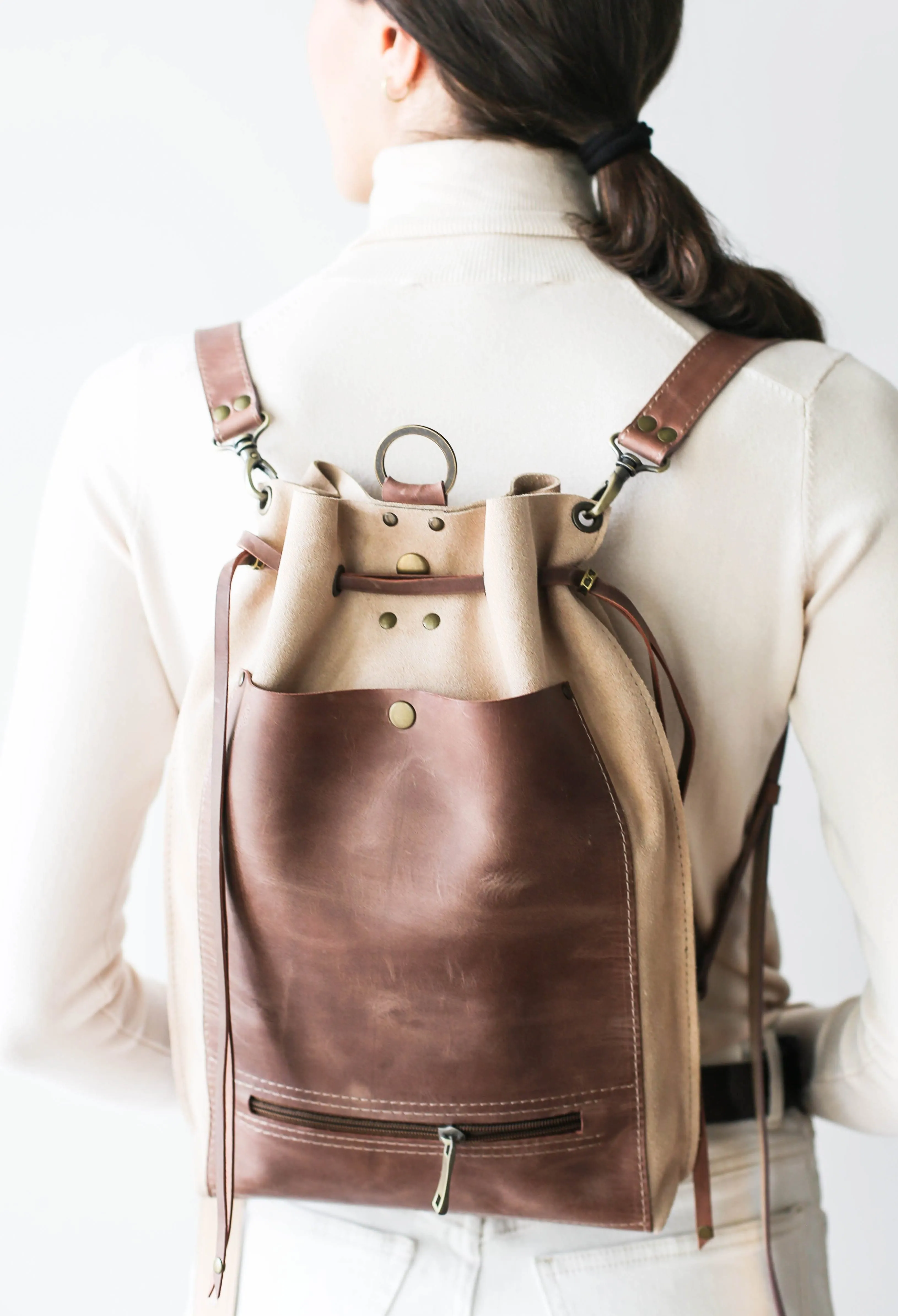 Taupe Leather Drawstring Backpack Purse