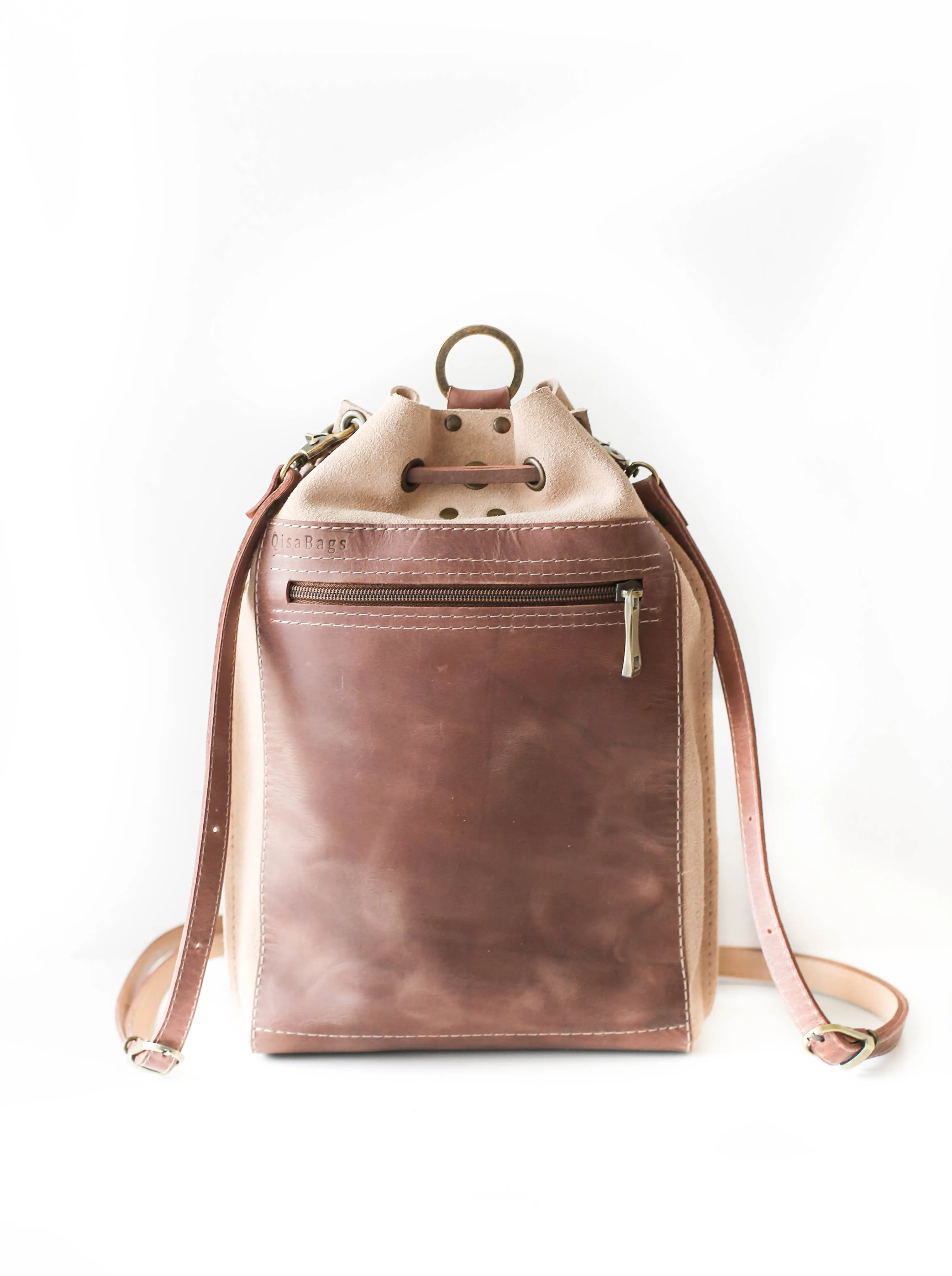 Taupe Leather Drawstring Backpack Purse