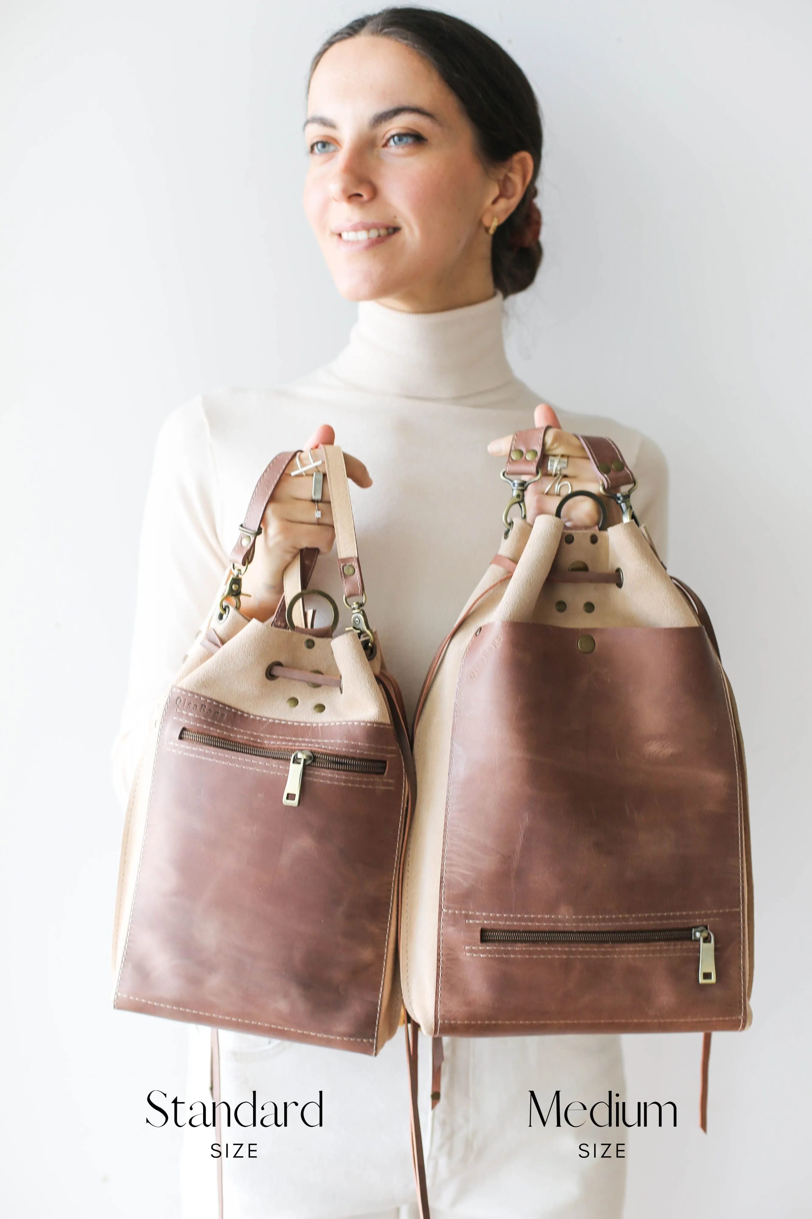 Taupe Leather Drawstring Backpack Purse