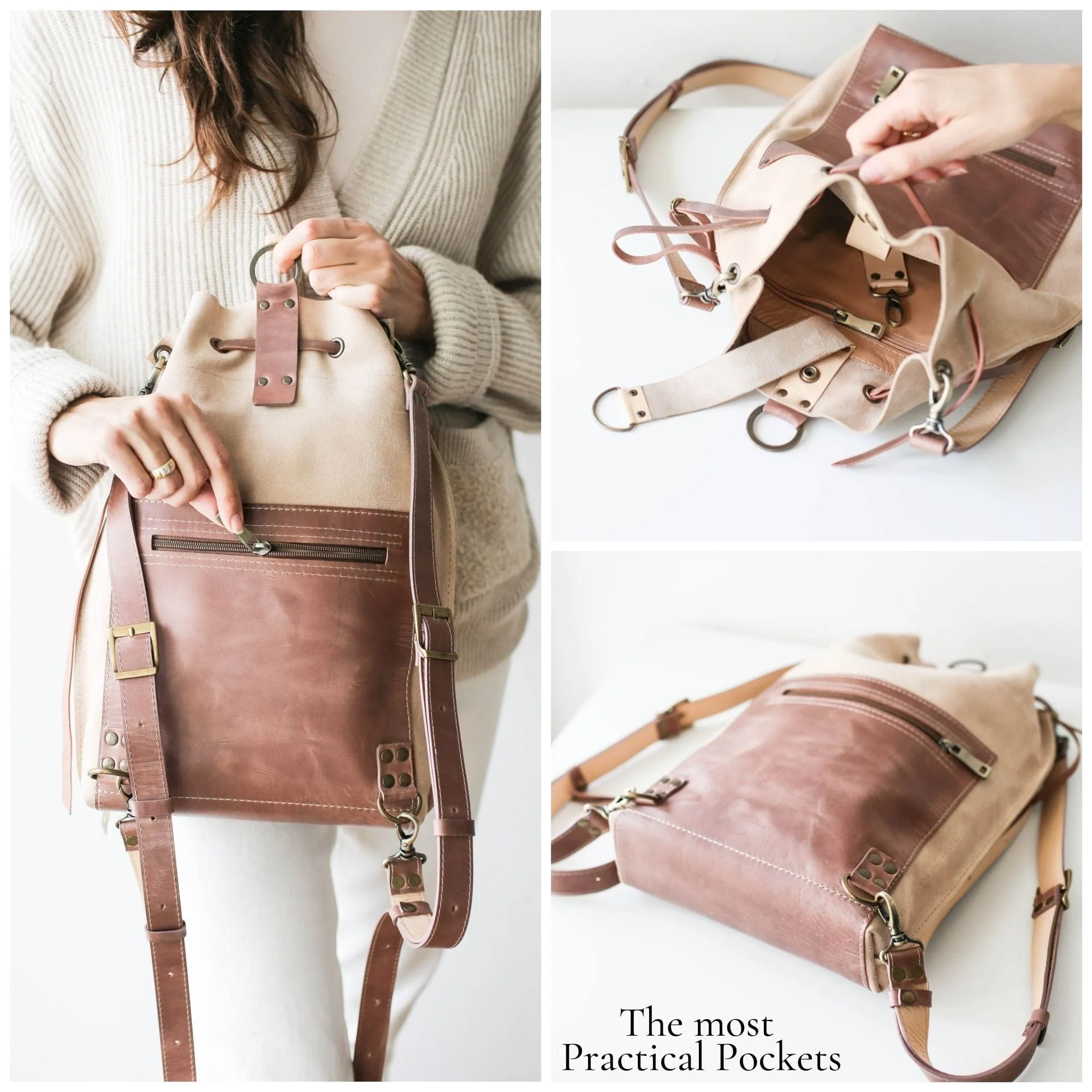 Taupe Leather Drawstring Backpack Purse