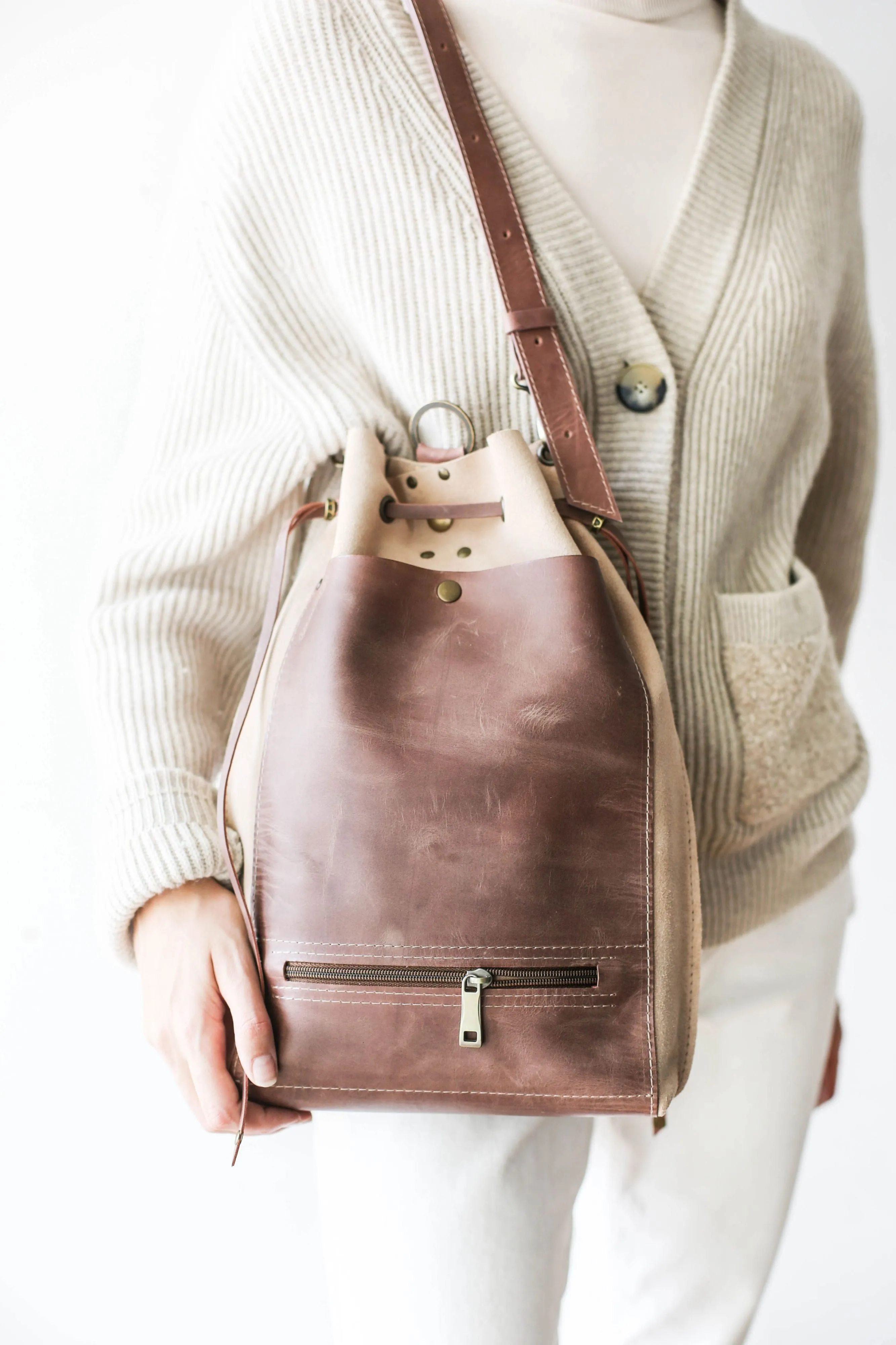 Taupe Leather Drawstring Backpack Purse