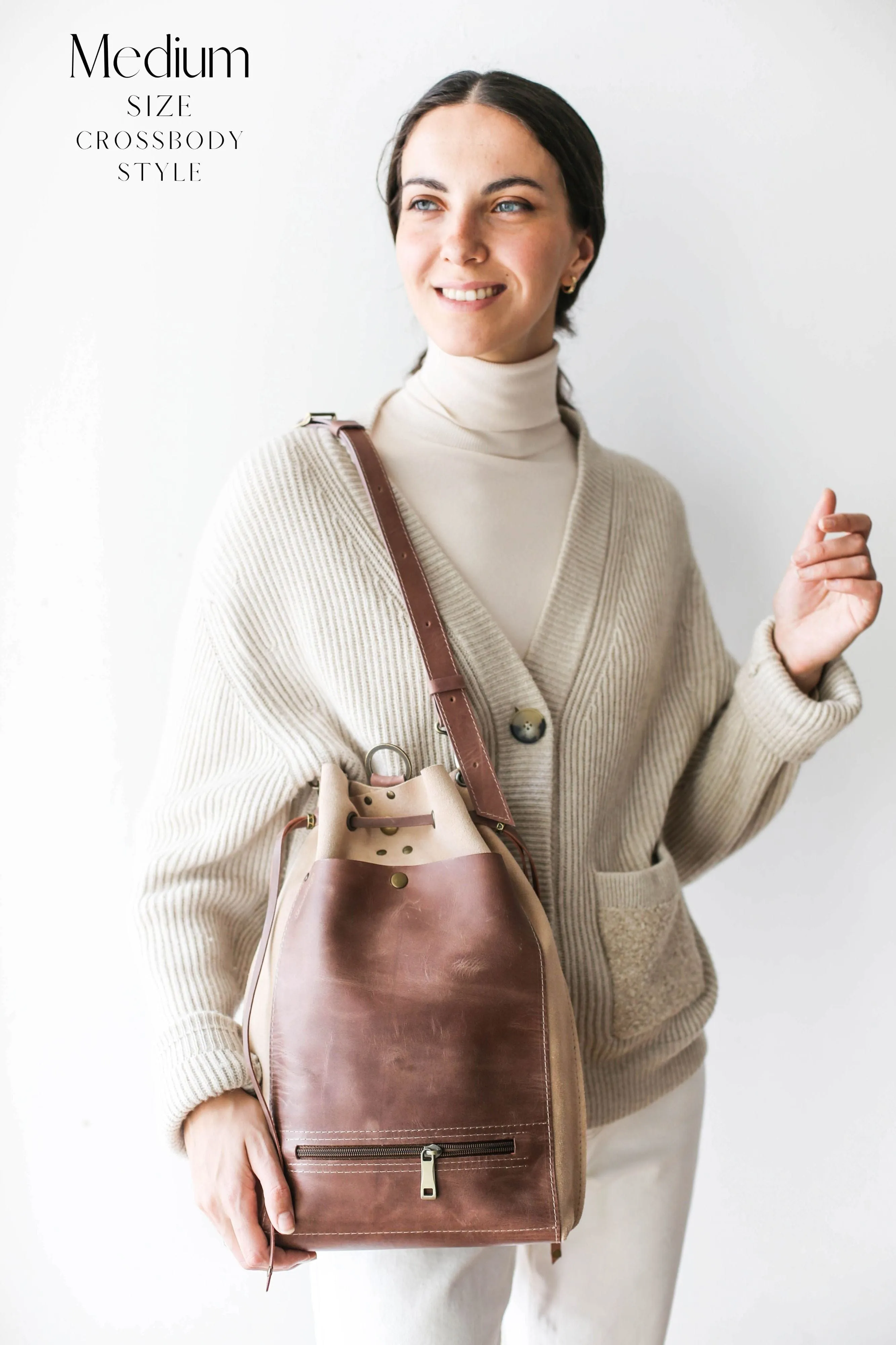 Taupe Leather Drawstring Backpack Purse