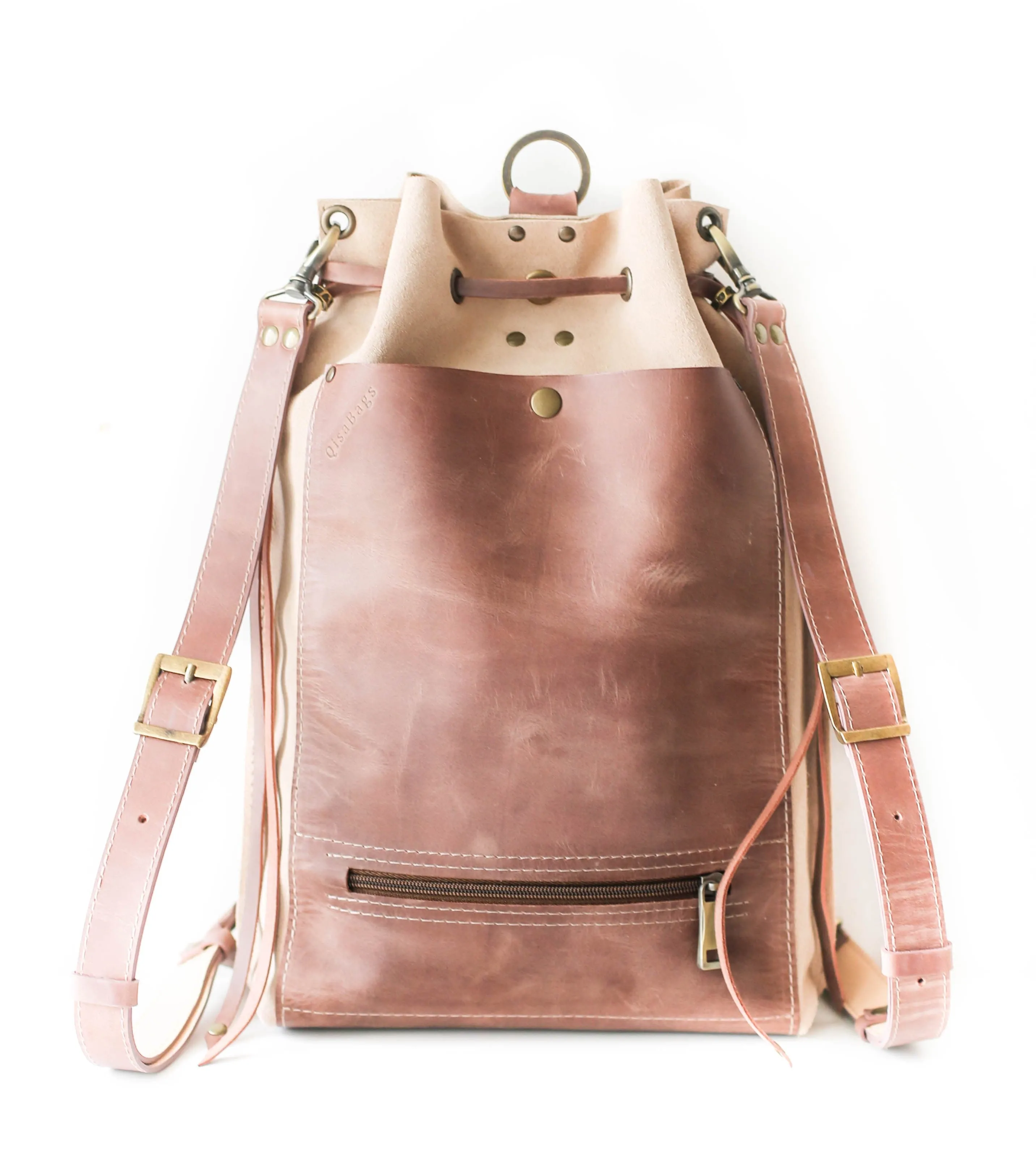 Taupe Leather Drawstring Backpack Purse