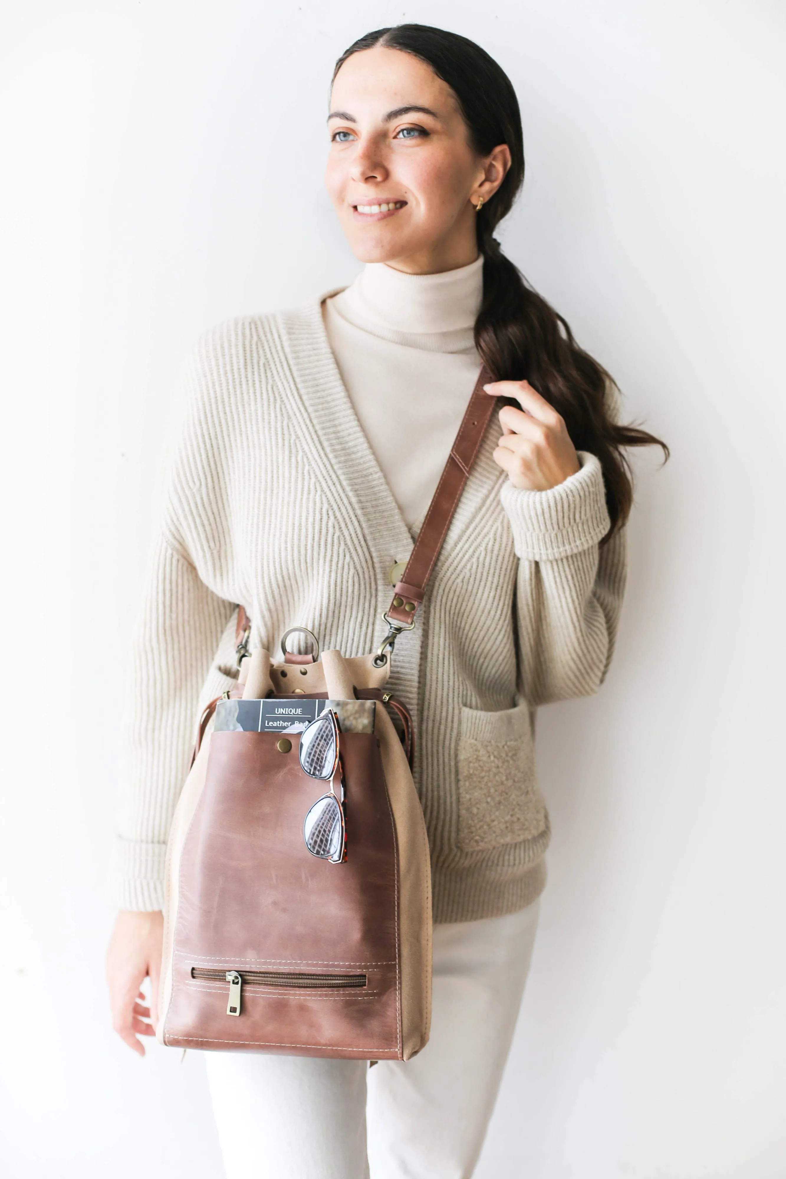 Taupe Leather Drawstring Backpack Purse