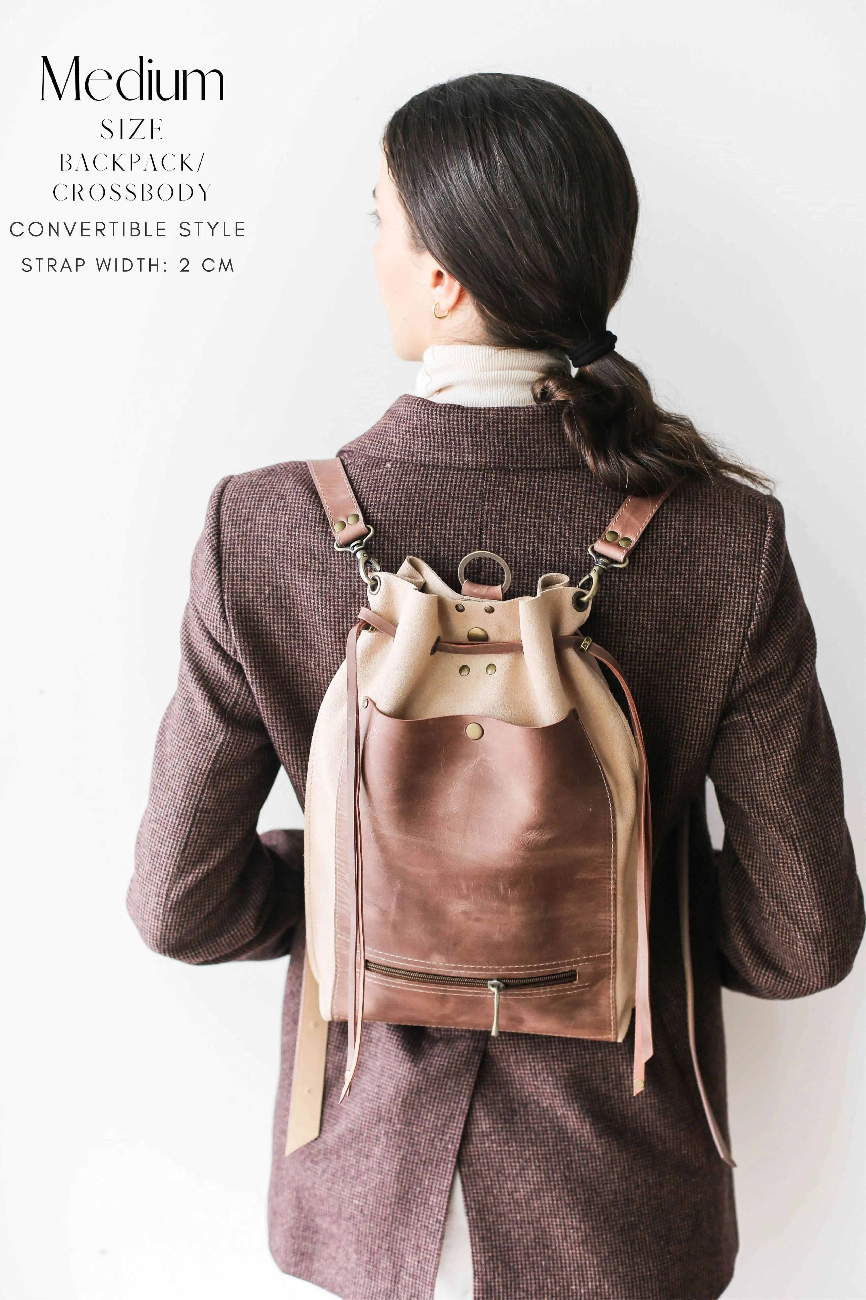 Taupe Leather Drawstring Backpack Purse