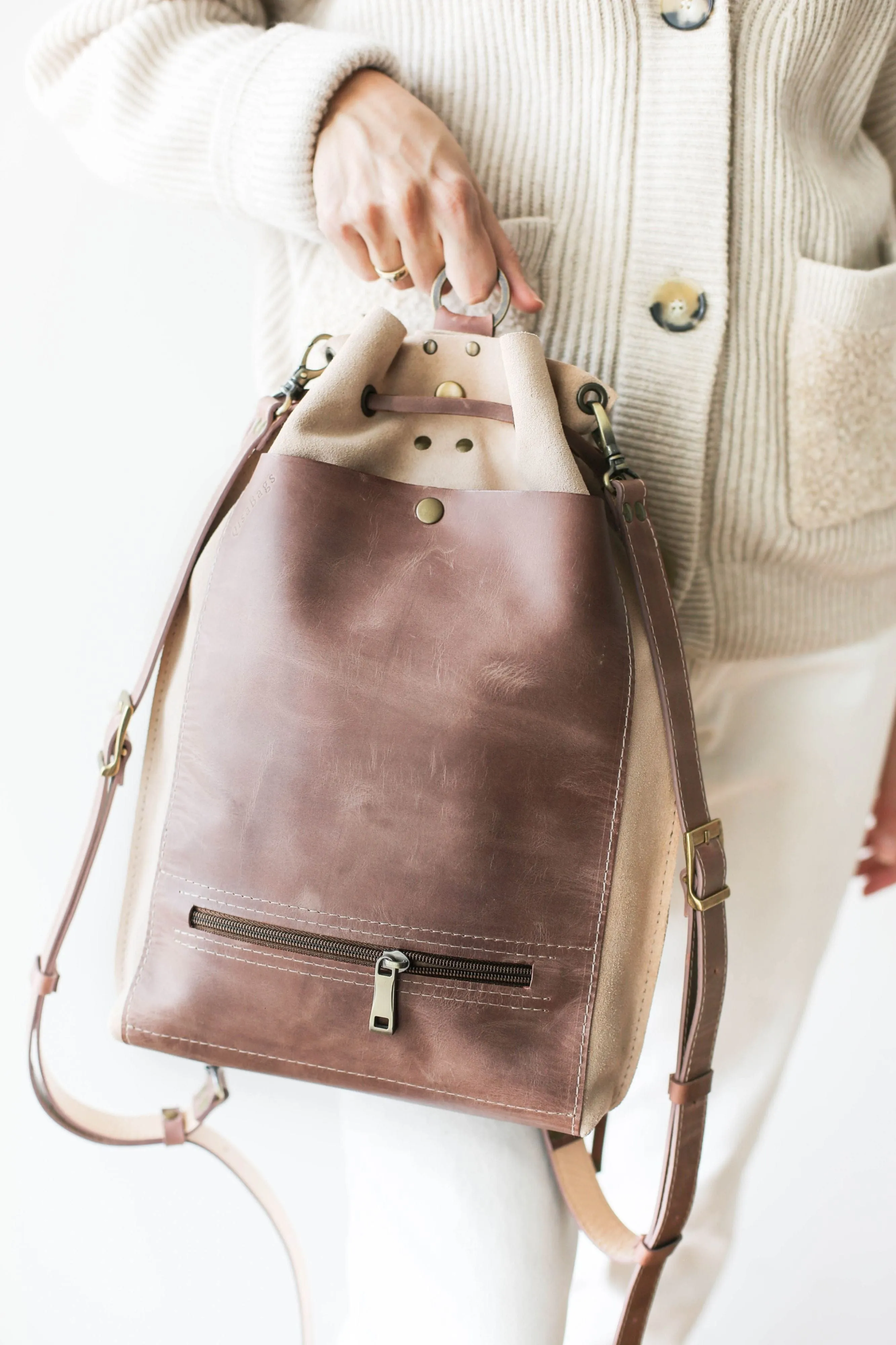 Taupe Leather Drawstring Backpack Purse