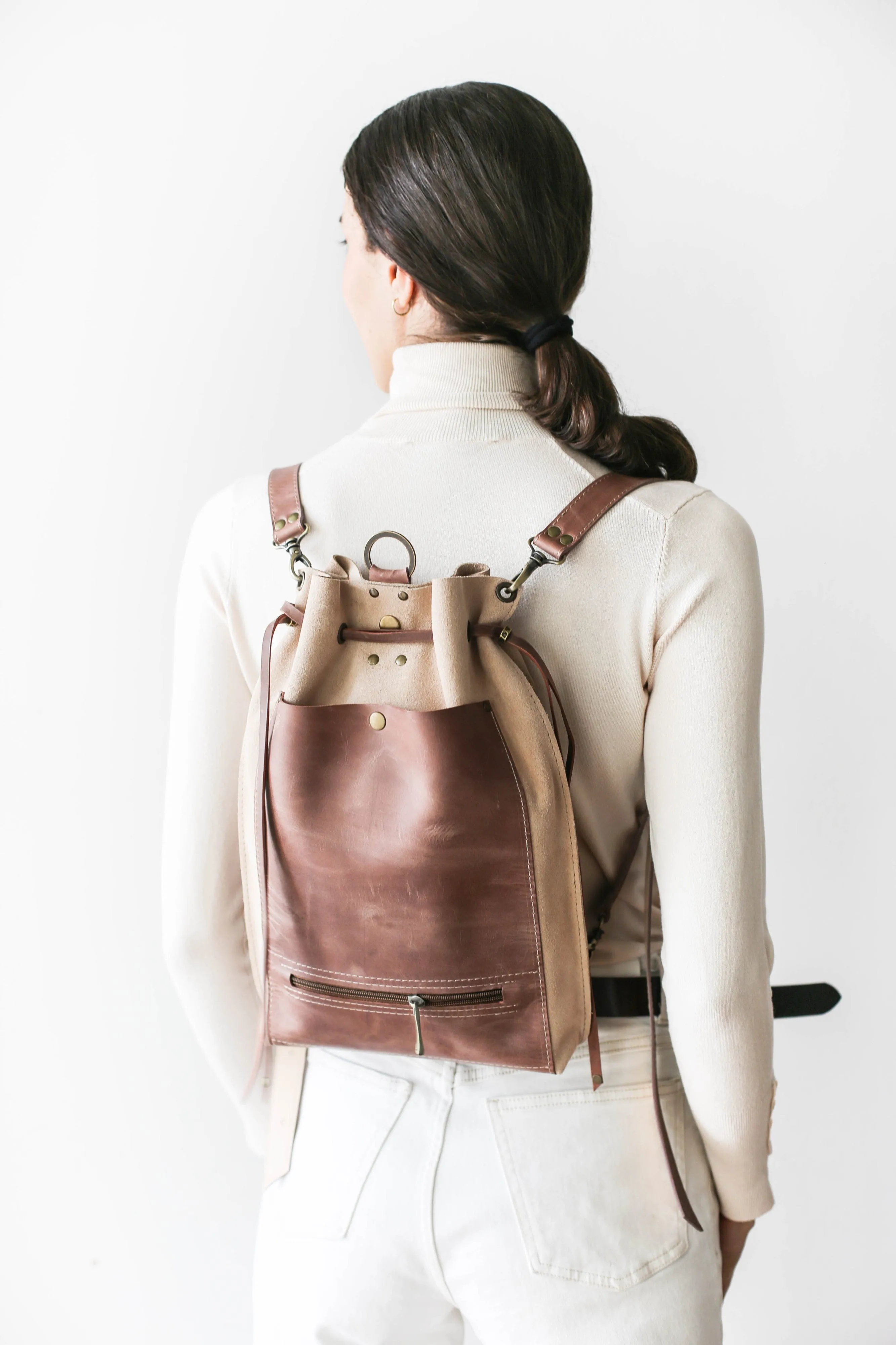 Taupe Leather Drawstring Backpack Purse