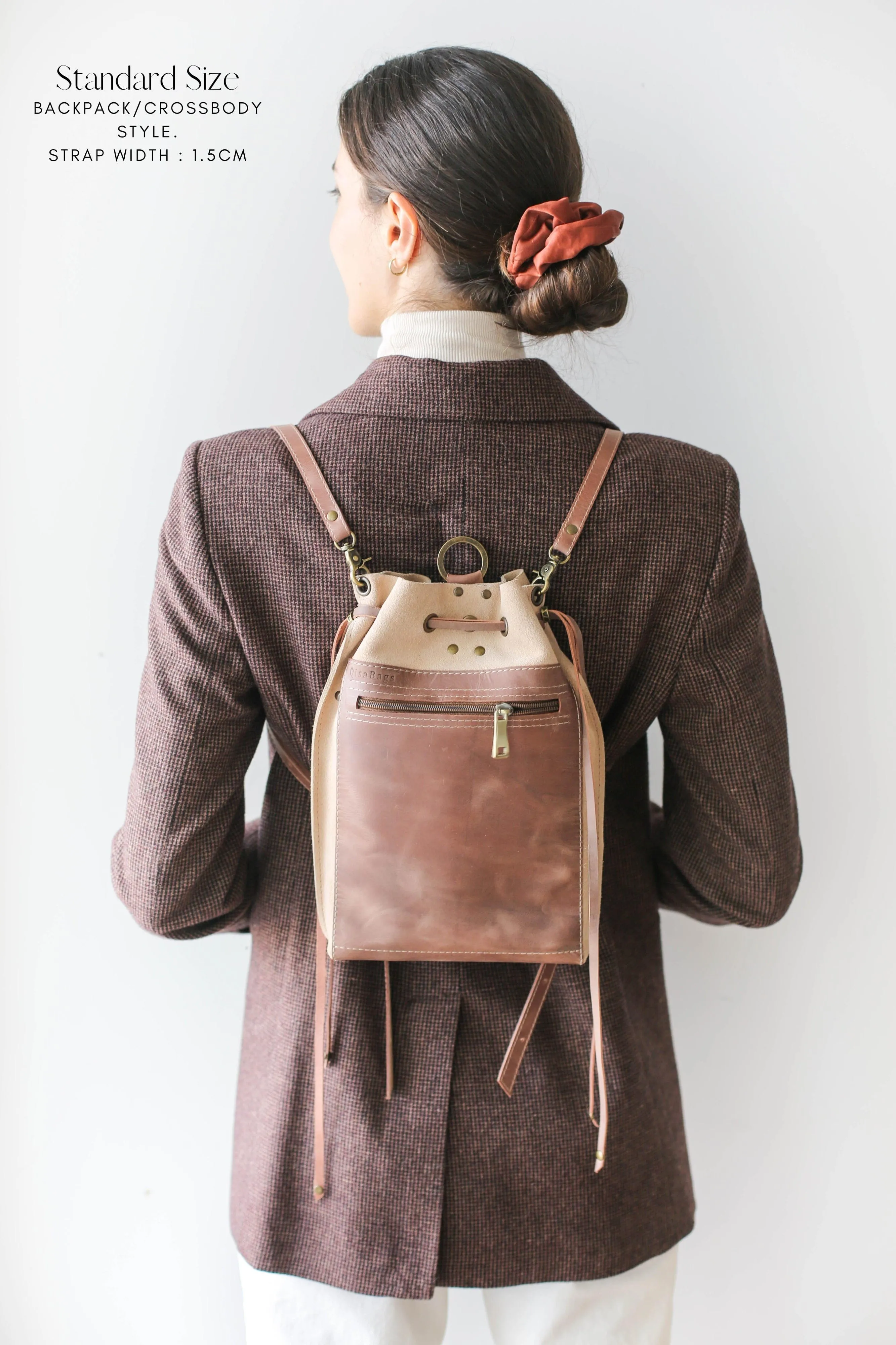 Taupe Leather Drawstring Backpack Purse