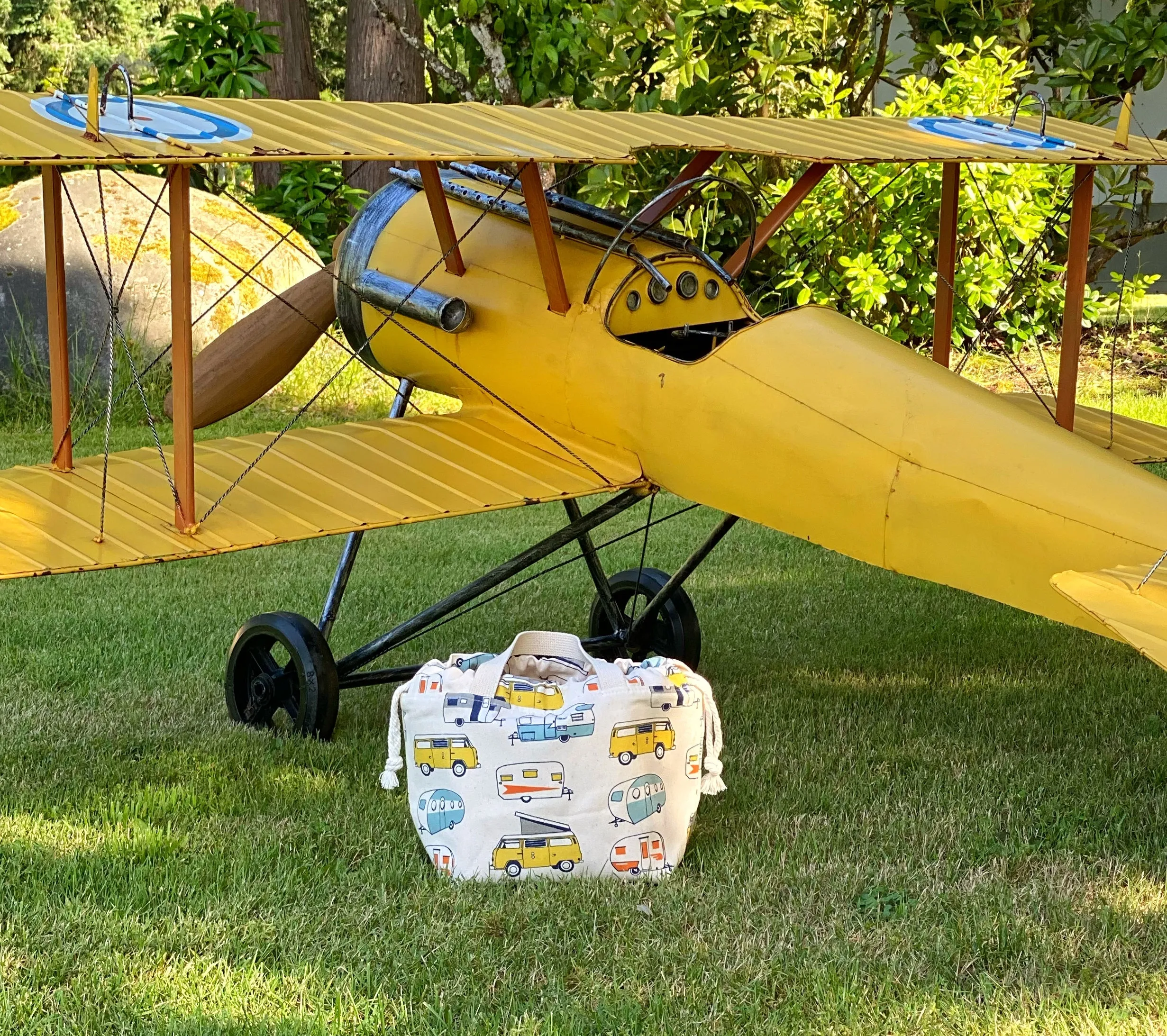 Vanagon Vintage Camper Trailer Canvas Project Bag, Duck Canvas Bag, Knit & Crochet Drawstring Knitting Crocheting WIP