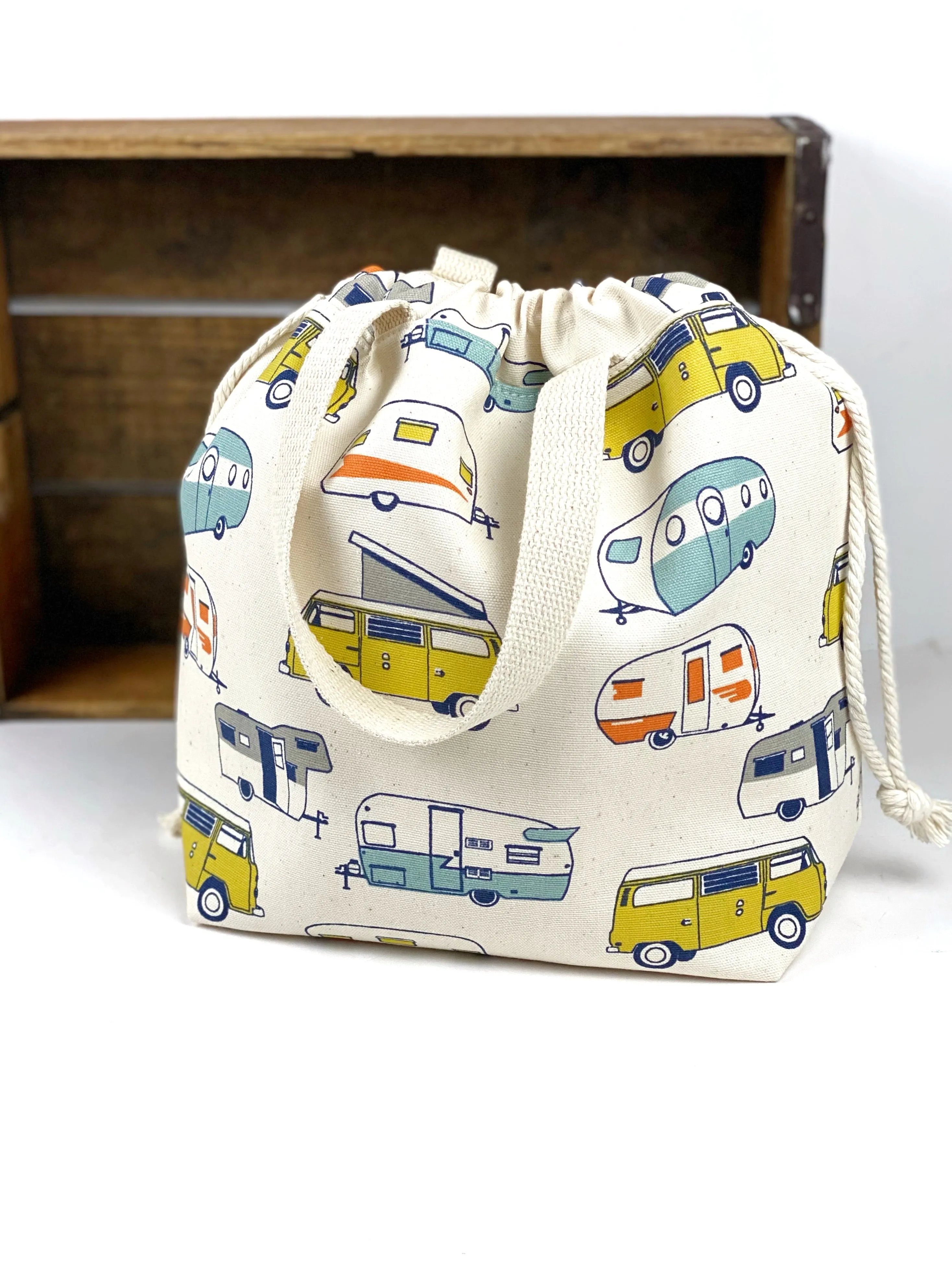 Vanagon Vintage Camper Trailer Canvas Project Bag, Duck Canvas Bag, Knit & Crochet Drawstring Knitting Crocheting WIP