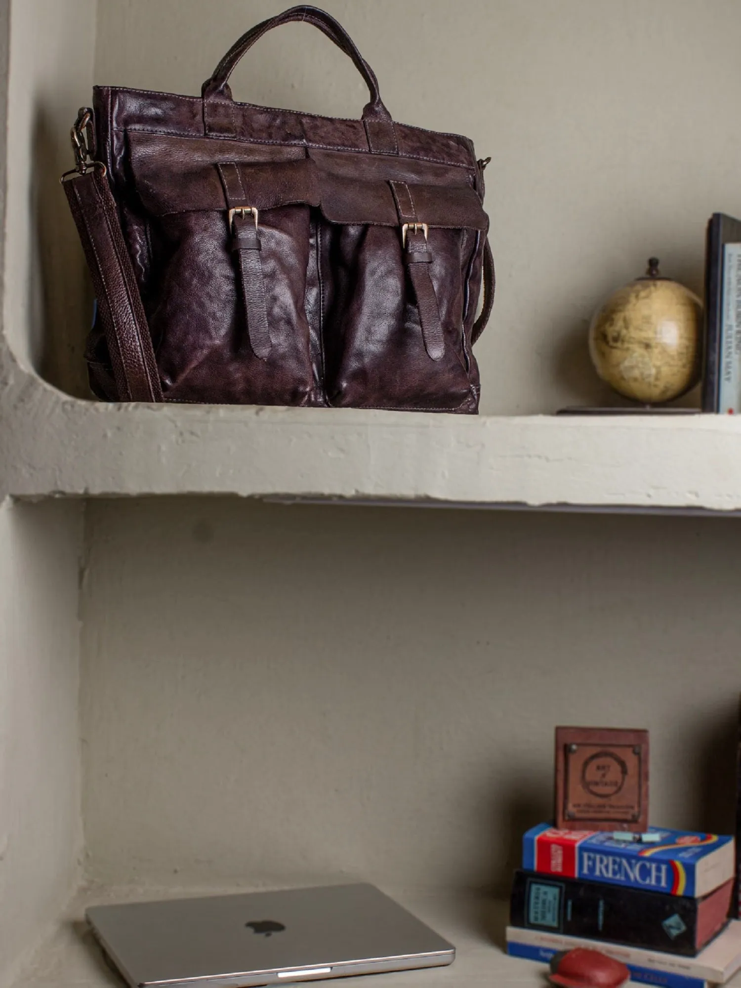 Vintage Brown Leather Laptop Bag With Front Pocket For Men & Women