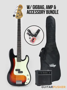 Vintage Coaster Series V40 4-String PB Bass w/ Kinsman 10-Watt Bass Amplifier, Gig Bag, & Accessories - 3-Tone Sunburst