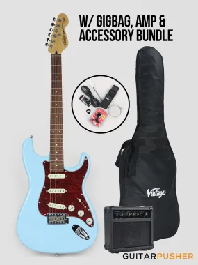 Vintage Coaster Series V60 S-Style Electric Guitar w/ Kinsman 10-Watt Amplifier, Gig Bag, & Accessories - Laguna Blue