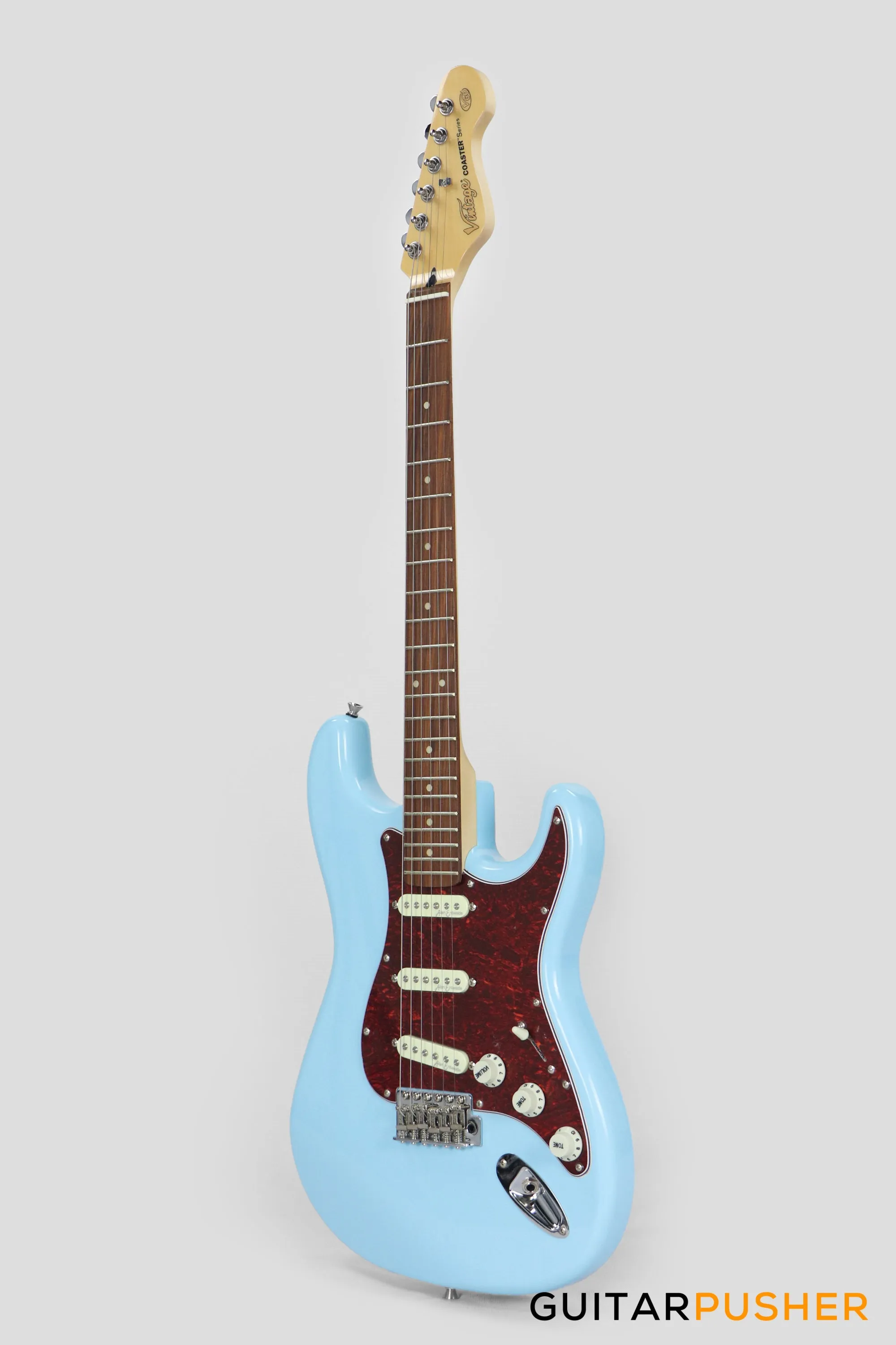 Vintage Coaster Series V60 S-Style Electric Guitar w/ Kinsman 10-Watt Amplifier, Gig Bag, & Accessories - Laguna Blue