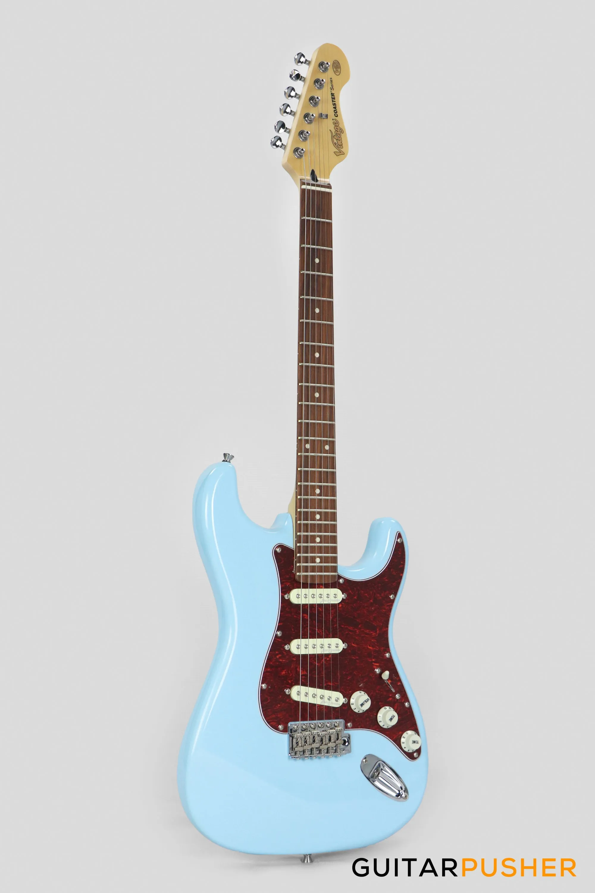 Vintage Coaster Series V60 S-Style Electric Guitar w/ Kinsman 10-Watt Amplifier, Gig Bag, & Accessories - Laguna Blue