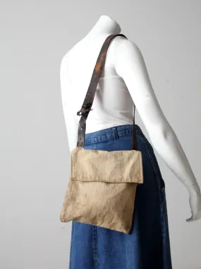 vintage textile and leather messenger bag