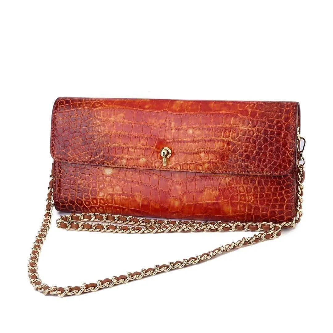 Women's Crocodile Leather  Pouches Chain Pouchette Clutch Bags Orange