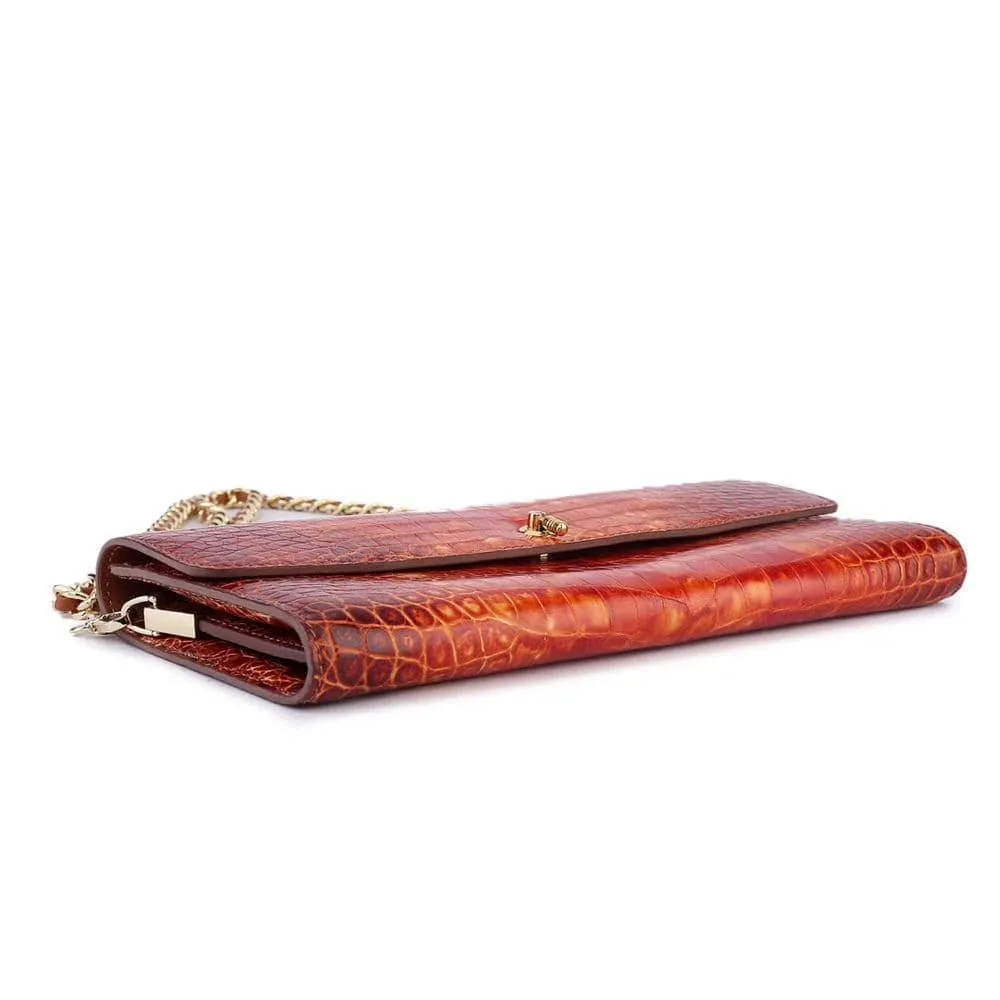 Women's Crocodile Leather  Pouches Chain Pouchette Clutch Bags Orange