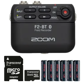 Zoom F2-BT Ultra Compact Bluetooth Enabled Portable Field Recorder with Lavalier Microphone   Extra Batteries   32GB MicroSD Card