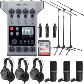 Zoom PodTrak P4 Portable Multitrack Podcast Recorder   3x Zoom ZDM-1 Podcast Mic Pack Accessory Bundle